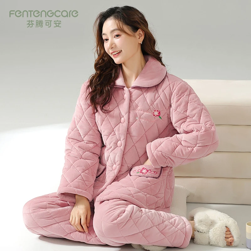 芬腾可安秋冬季新款睡衣女士珊瑚绒三层夹棉加厚法兰绒家居服套装
