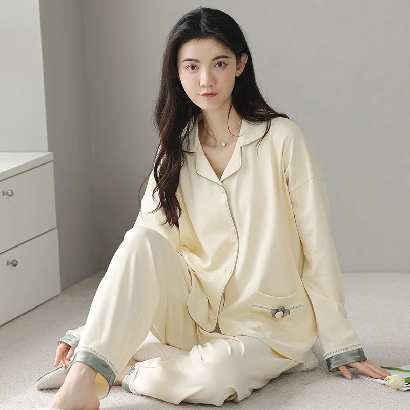 芬腾可安纯棉女士睡衣春秋薄款长袖新款休闲开衫可外穿套装家居服