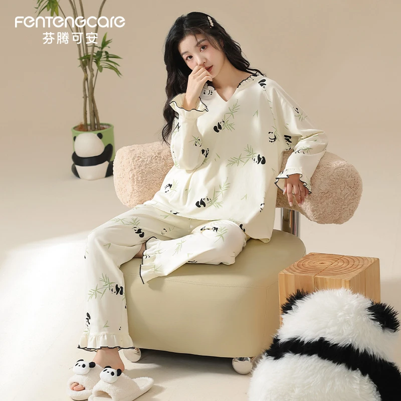 芬腾可安纯棉睡衣女春秋款2025新款长袖长裤宽松可外穿家居服套装