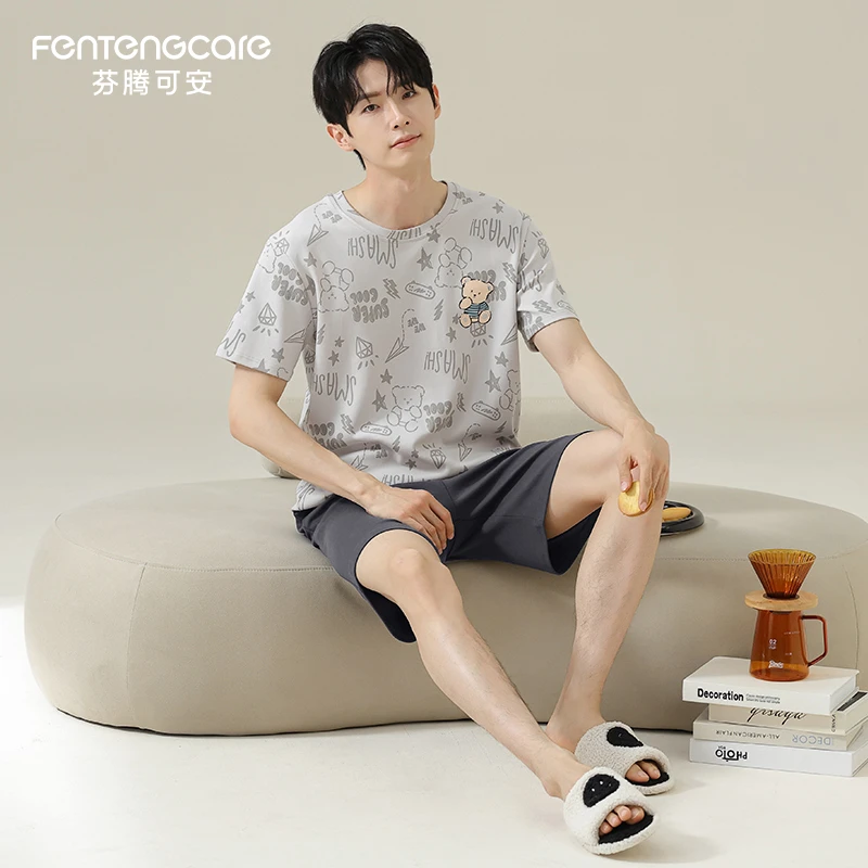 芬腾可安休闲卡通男士睡衣夏季薄款加大码学生短袖短裤家居服套装