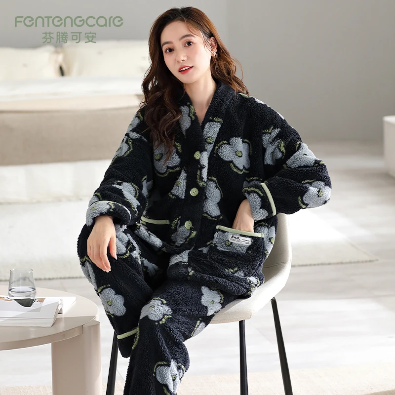 芬腾可安珊瑚绒睡衣女冬季长袖2025新款法兰绒加厚保暖家居服套装