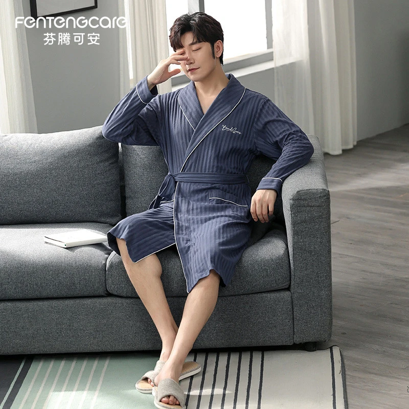 芬腾可安纯棉春秋季睡袍男款睡衣男士中长款全棉秋冬季简约家居服