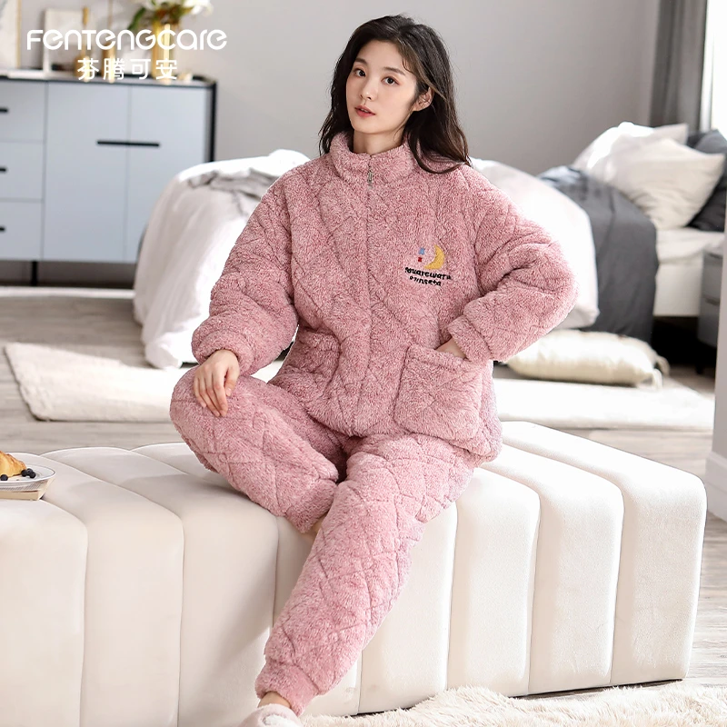 芬腾可安睡衣女冬季新款三层夹棉加厚保暖珊瑚绒可外穿家居服套装