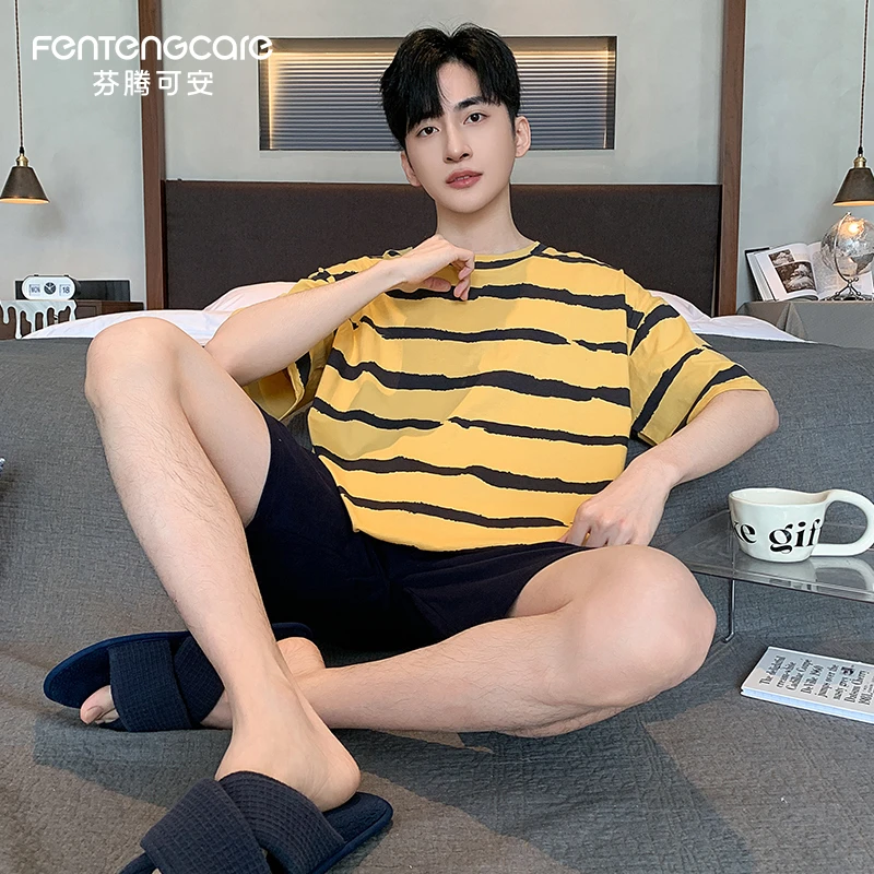 芬腾可安夏季男士睡衣短袖短裤可外穿家居服夏天莫代尔青少年套装