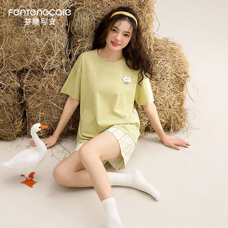 芬腾可安睡衣女士纯棉夏季短袖短裤夏天薄款宽松学生家居服可外穿