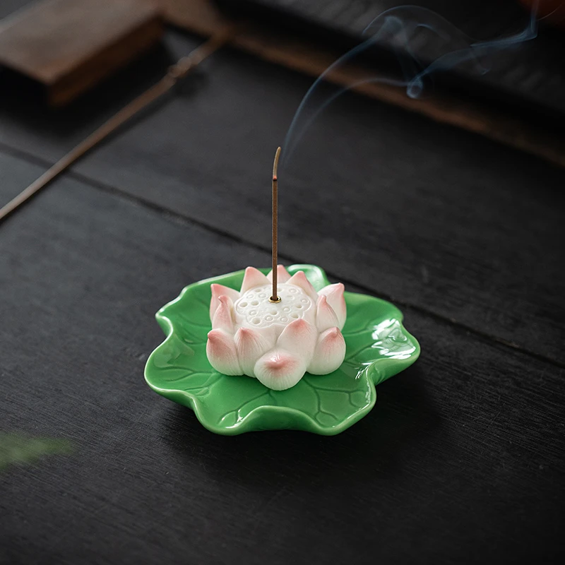 禅意陶瓷莲花线香插高级小香薰炉创意点香器立香座香托茶桌熏香炉