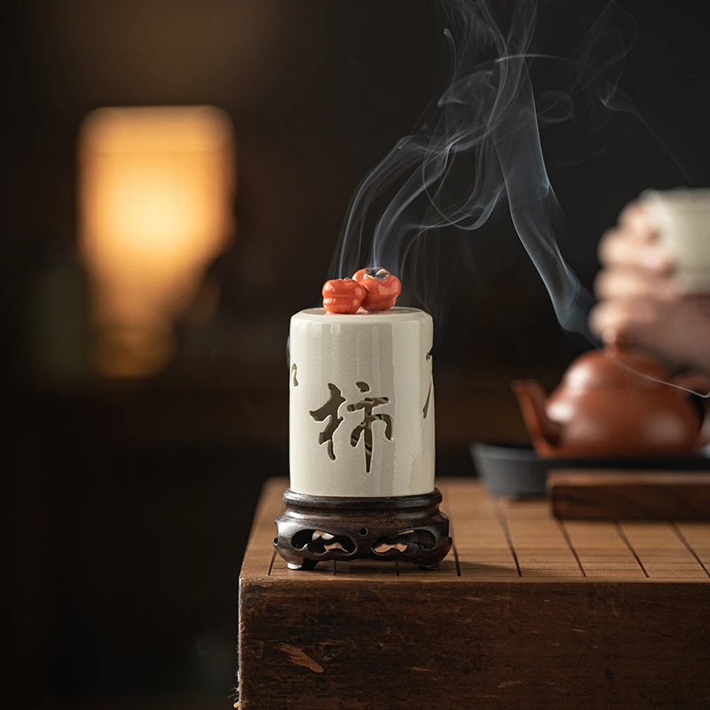 万柿如意陶瓷小香炉家用室内檀沉香盘香炉禅意茶桌小号香薰炉摆件