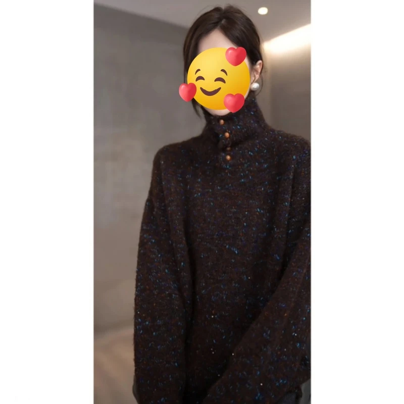 A【三瓣橘子】气质长袖宽松针织衫秋冬厚款百搭翻领毛衣上衣打底衫