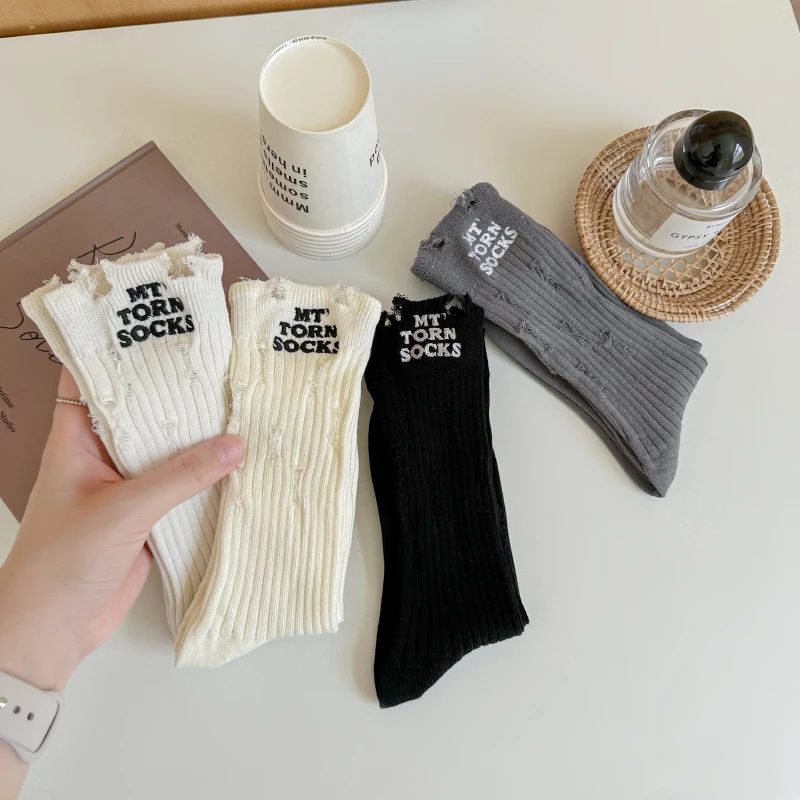 破洞袜子韩版潮袜乞丐袜春秋百搭中筒ins 刺绣款秋季网红潮流棉袜