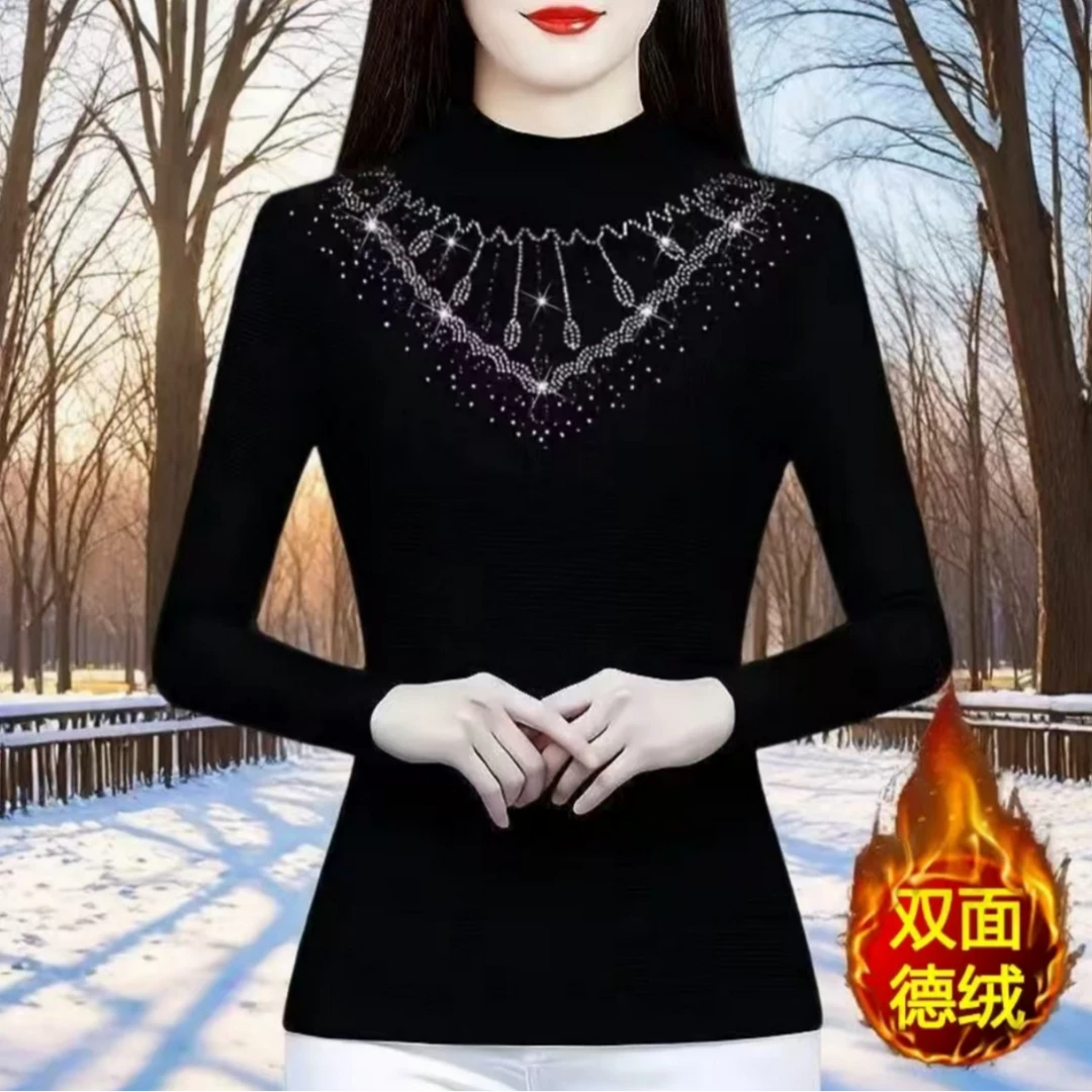 【双面德绒】保暖打底衫女黑色半高领上衣大码遮肚子气质长袖小衫女