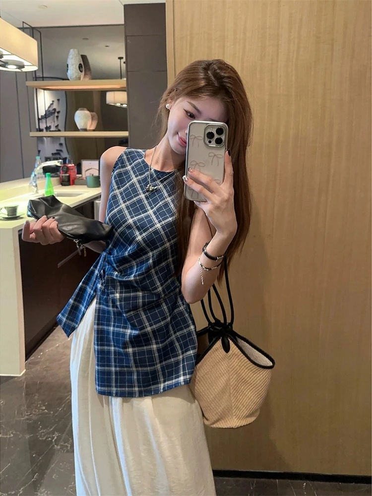 撞色格纹开叉无袖衬衫女夏季新款法式小众气质修身显瘦掐腰上衣潮