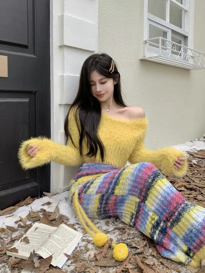 油画彩纱半身裙复古条纹针织裙子长裙女春装高级感小个子毛衣