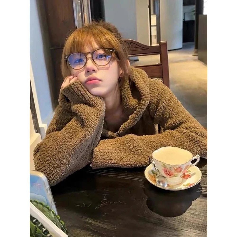 美式复古拉链连帽卫衣外套女秋冬慵懒风宽松休闲针织毛衣开衫上衣