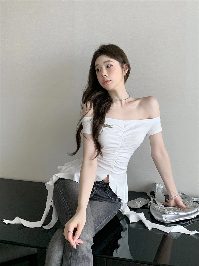 废土风不规则短袖t恤女夏季美式辣妹一字肩荷叶边上衣高级感小众