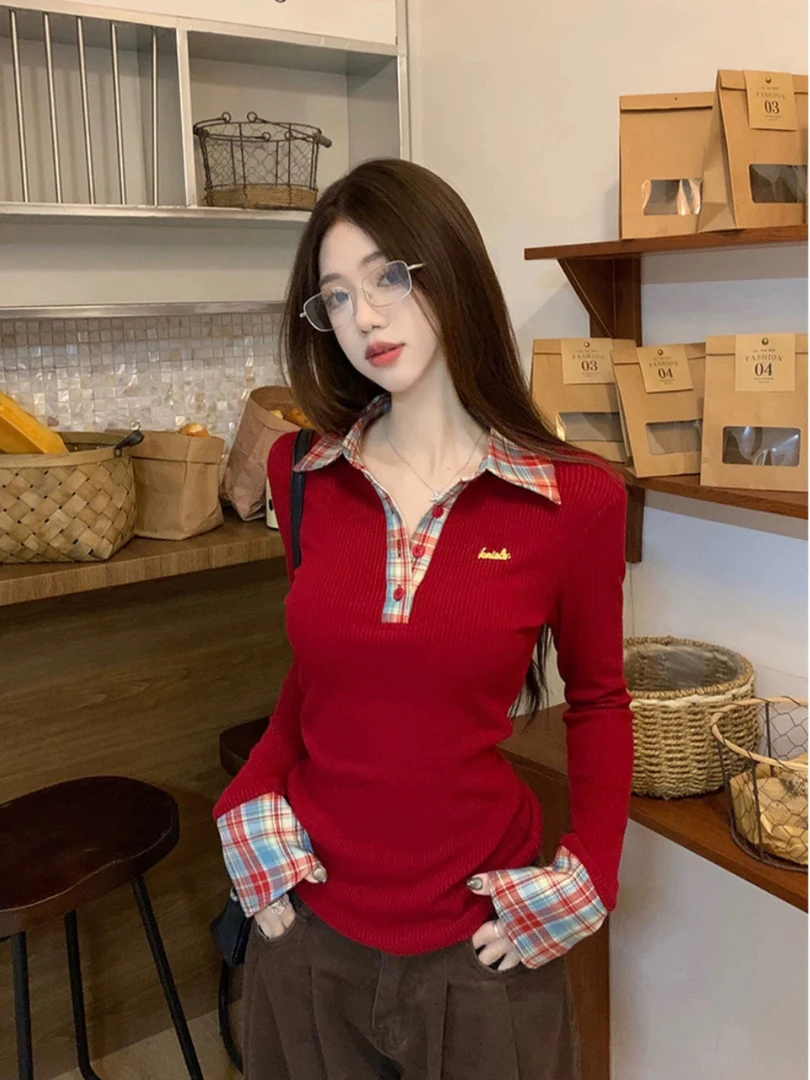 格子拼接polo领长袖针织衫女2024冬季新款设计感辣妹风显瘦打底衫