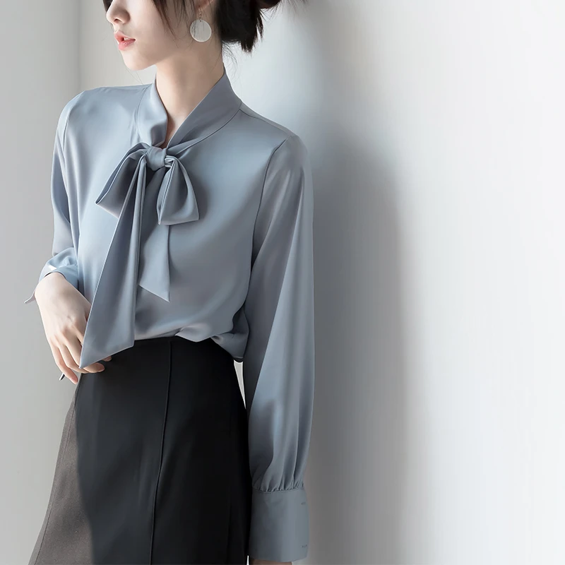 高档缎面蝴蝶结衬衫2025秋季新款女飘带气质洋气设计感百搭女衬衣