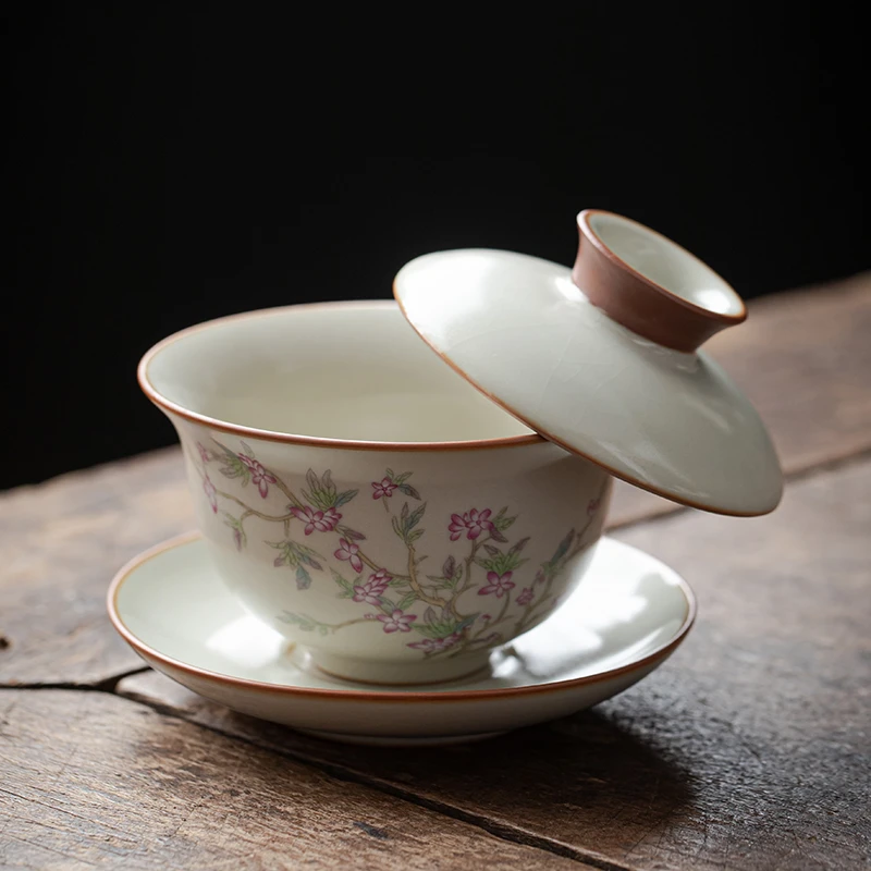 米黄汝窑三才盖碗可悬停单个茶杯整套不烫手高档泡茶家用功夫茶具