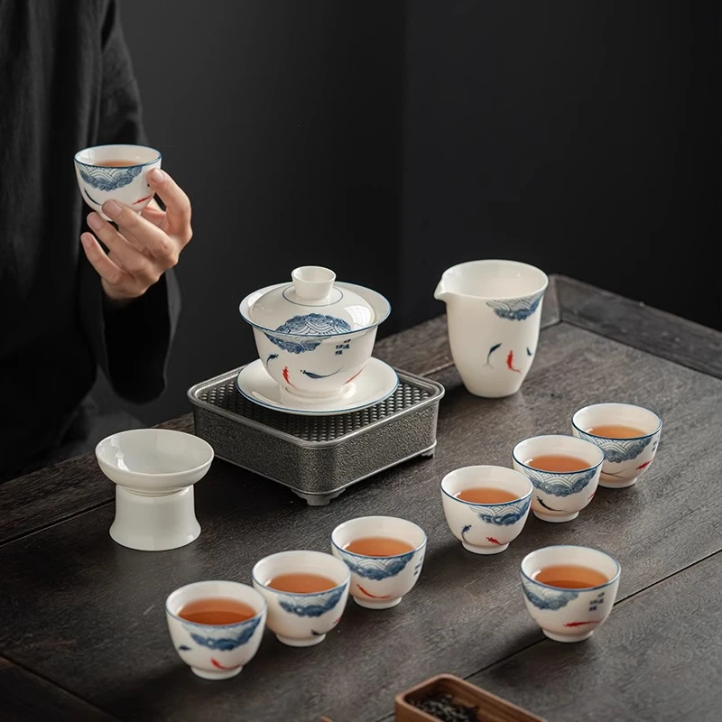 羊脂玉白瓷功夫茶具悬停盖碗家用陶瓷喝泡茶客厅轻奢高档礼盒套装