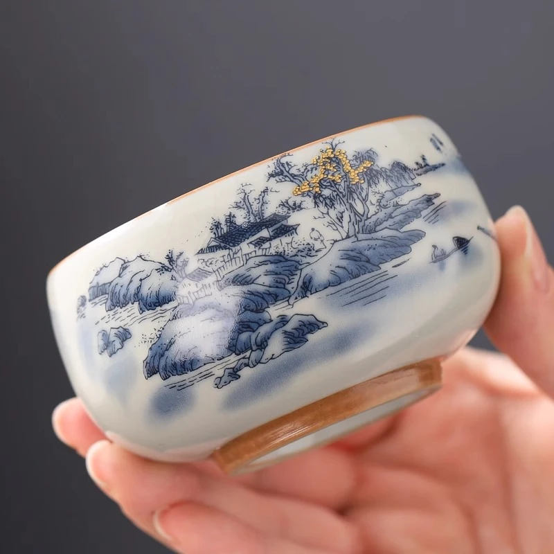 米黄汝窑千里江山主人杯开片可养单个高档茶杯家用陶瓷单杯泡茶具