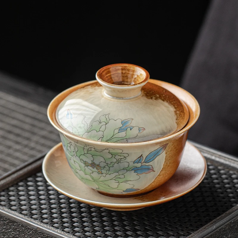柴烧三才盖碗单个高档泡茶碗复古敬茶杯陶瓷家用喝茶带盖功夫茶具