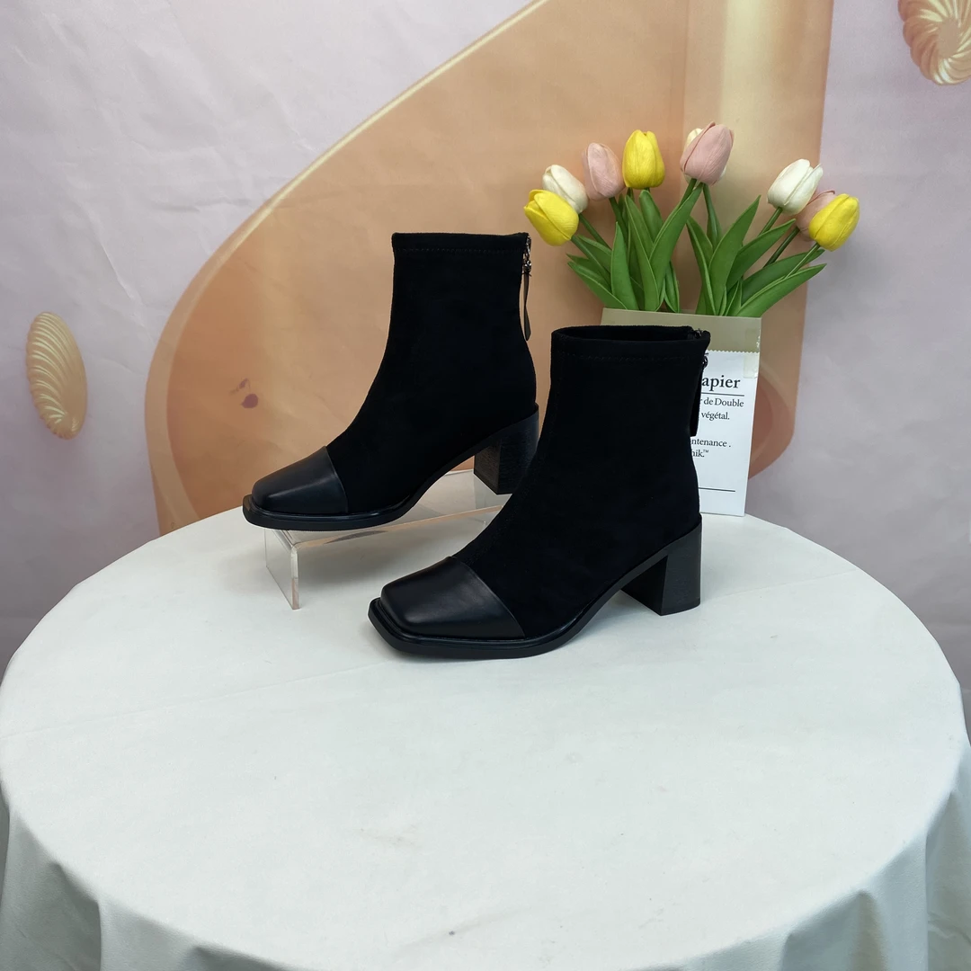 3009秋冬新款时尚拼接粗跟方头短靴F