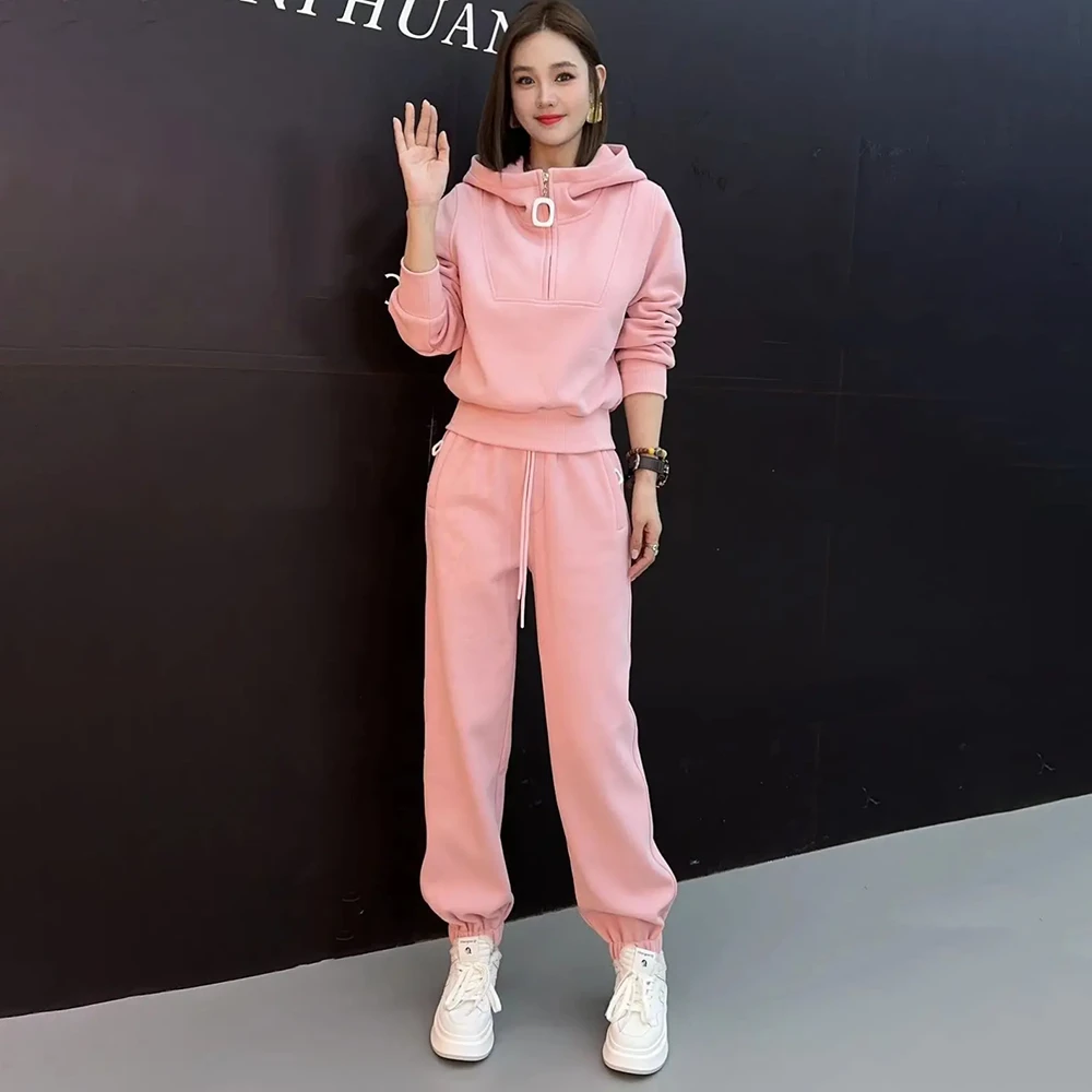 时尚卫裤运动套装女卫衣连帽粉色秋季2024年欧洲站两件套休闲新款