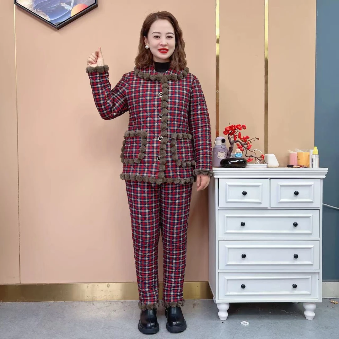 #543冬季新款加绒加厚棉衣套装百搭居家外穿妈妈装中老年两件套