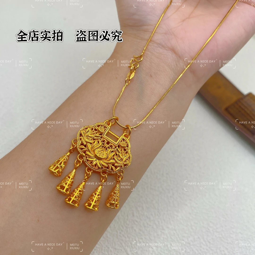 铜合金项链 【双扣莲花同心锁】精工版配蛇骨链