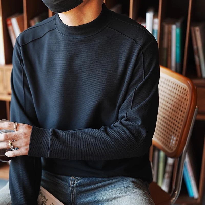 纯色休闲潮牌长袖T恤德绒感上衣半高领打底衫男款衣服男装秋冬