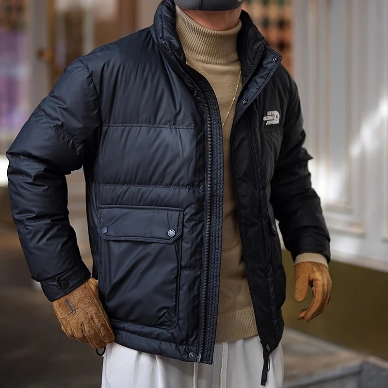 韩系时尚字母刺绣标立领羽绒服男士冬季潮流新款防水简约保暖外套