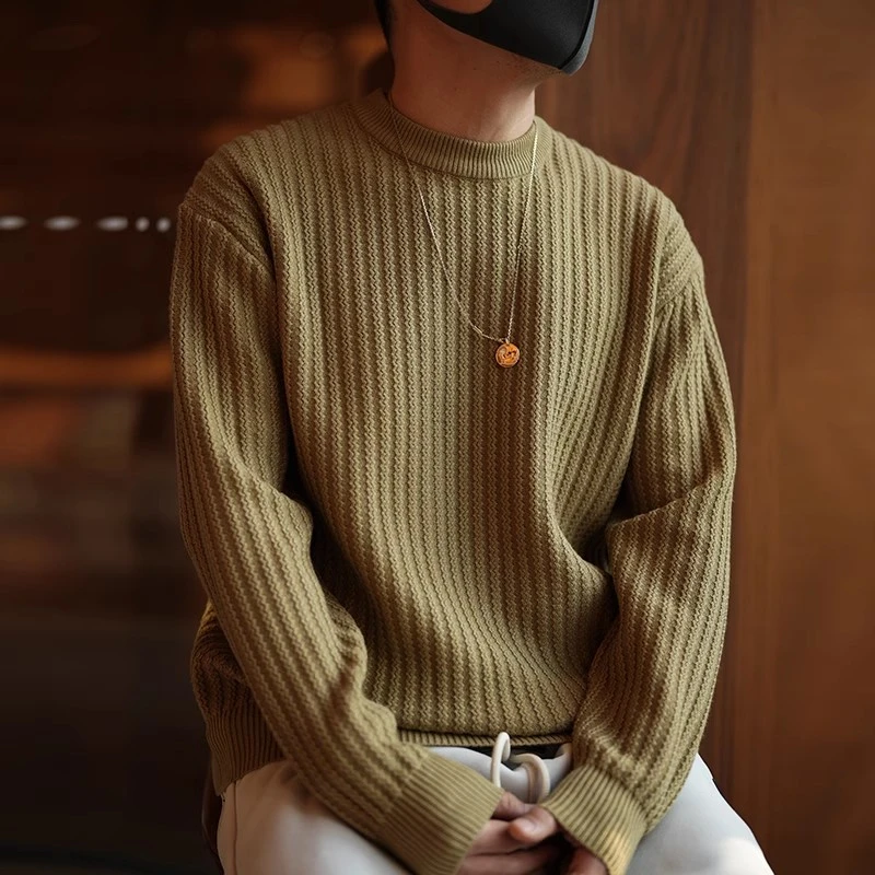 美式复古重磅绞花圆领毛衣男士秋冬新款潮牌宽松加厚套头针织衫