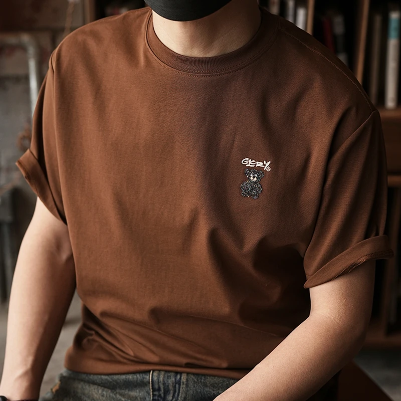美式刺绣透气小熊T恤爆款复古简约短袖宽松夏季棕色男士短袖t恤