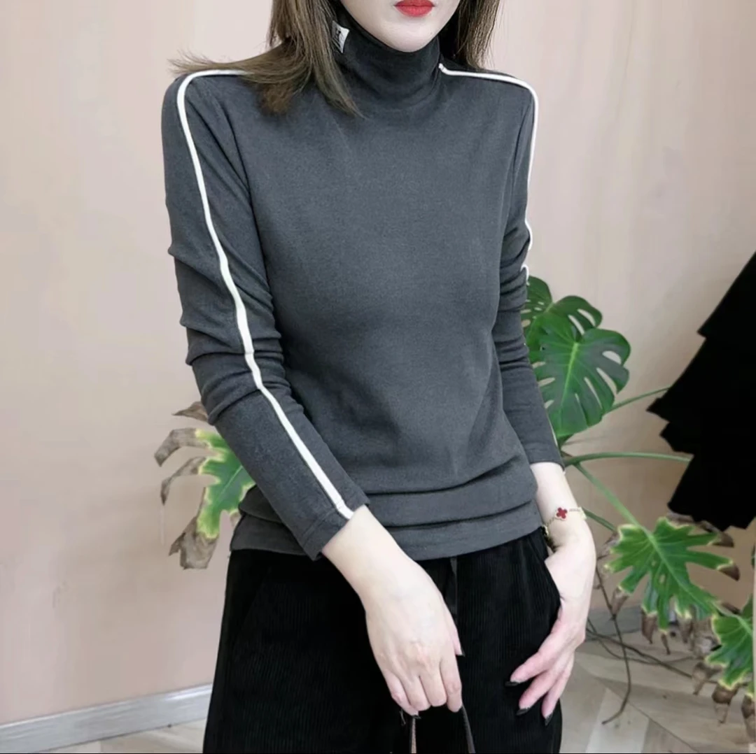 【吴小吴】2023秋冬新品时尚加绒加厚打底衫撞色高领长袖保暖上衣女