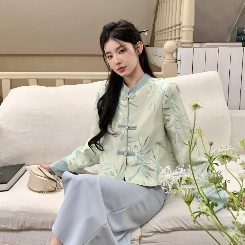 绿色竹叶新中式外套女短款2024早春新款古典温柔禅意国风小款上衣