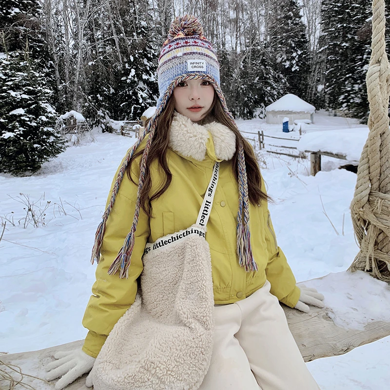 针织拼接短款羽绒服女冬2024新款学院小个子白鸭绒面包服厚外套