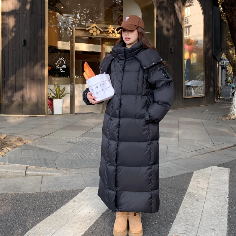 黑色长款羽绒服女2023新款冬季爆款韩版加厚保暖超长过膝中戏外套