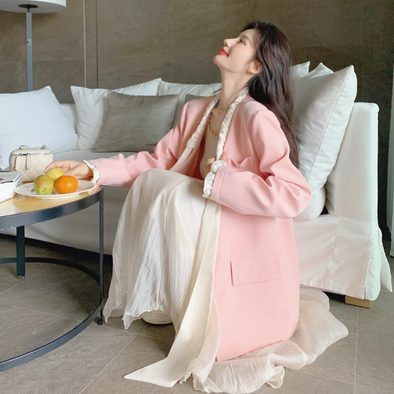 粉色小香风西装套装裙女春秋气质名媛独特漂亮减龄半身裙两件套装