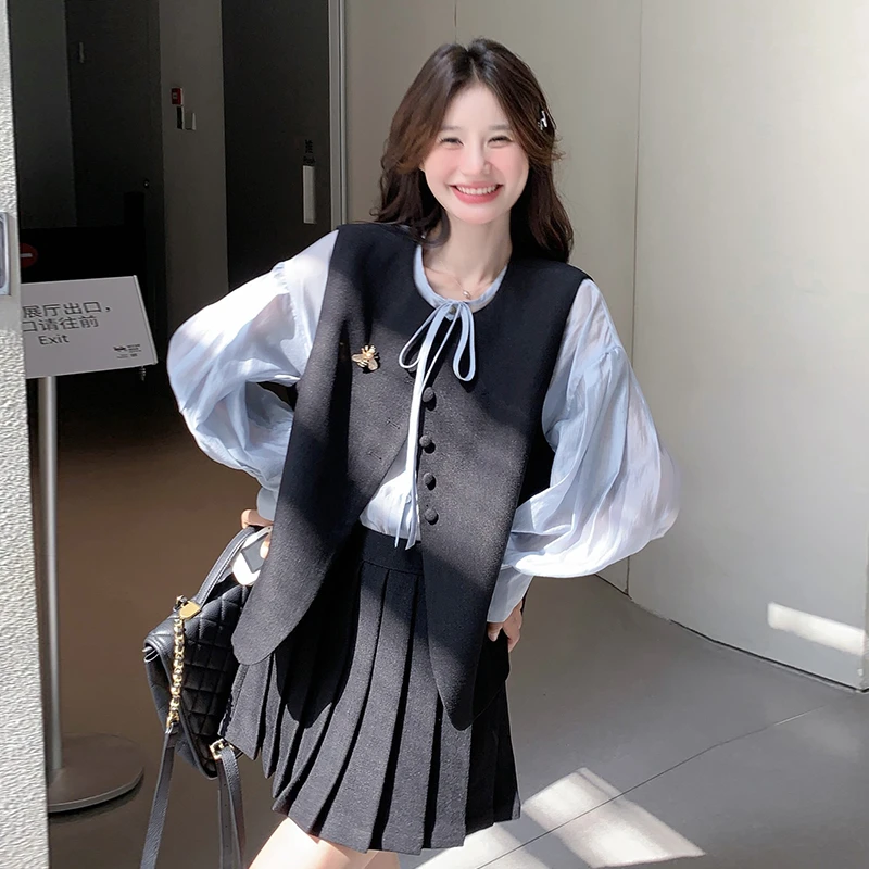 黑色高级感休闲马甲套装女2024秋季新款韩系学院风百褶短裙两件套