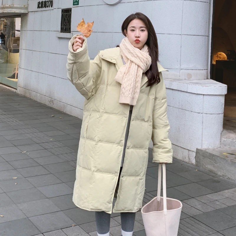 奶油绿连帽加厚棉服女冬季中长款2023新款时尚简约过膝保暖厚棉衣