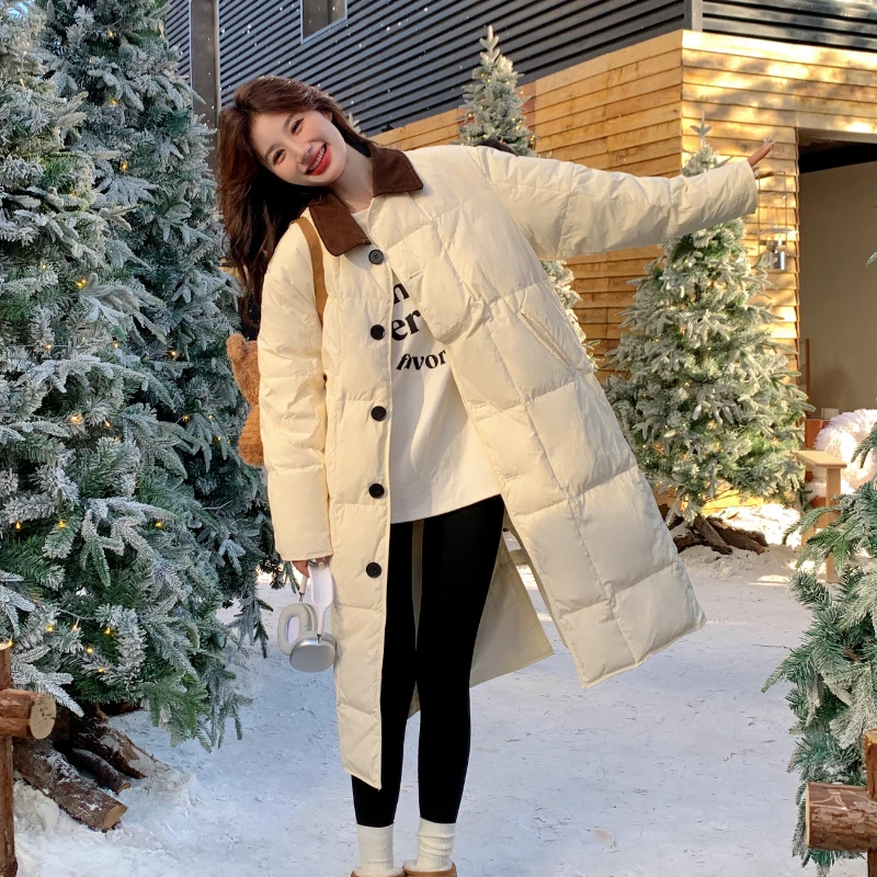 灯芯绒翻领白色羽绒服女冬季2025款韩系超好看中长款白鸭绒外套