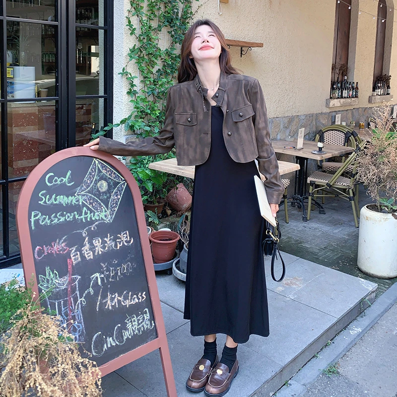 黑色吊带裙套装春秋女2024新款超好看复古做旧PU皮显瘦外套两件套