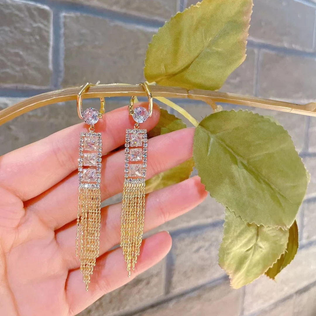 铜合金合成锆石耳饰 流苏耳环气质奢华长款耳坠设计时尚百搭耳饰