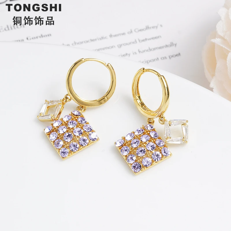 铜合金合成锆石耳饰 几何菱形菱格锆石耳扣四边形耳环耳圈耳饰
