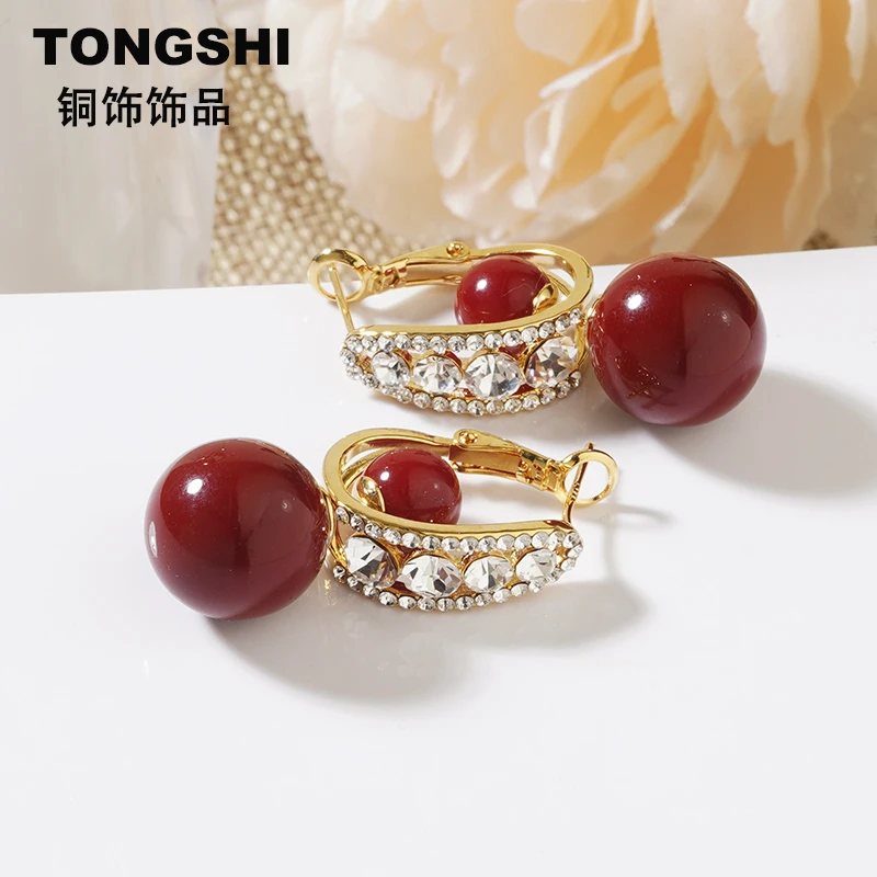 铜合金仿珍珠耳饰 相思红豆超闪时尚百搭精致优雅耳环女耳坠耳饰