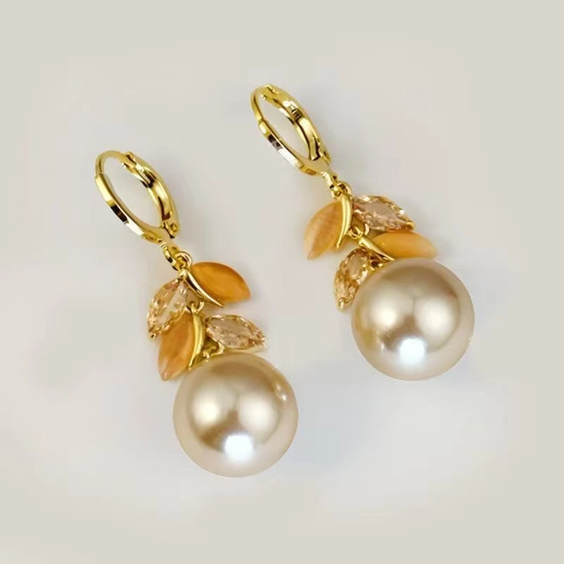 铜合金合成锆石耳饰 高级气质2024香槟色珍珠树叶流苏新款耳环