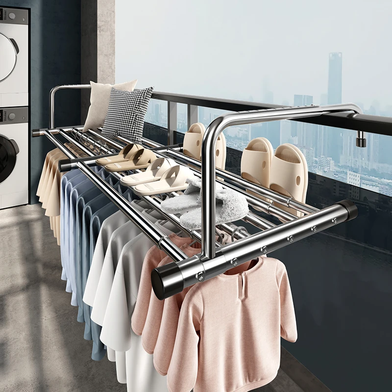折叠伸缩不锈钢阳台晾衣架神器晾鞋架防盗窗户外护栏晒凉鞋架挂钩