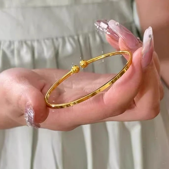 钛钢手镯 对称豆豆金色气质开口ins镯子不掉色洗澡不用摘钛金手镯