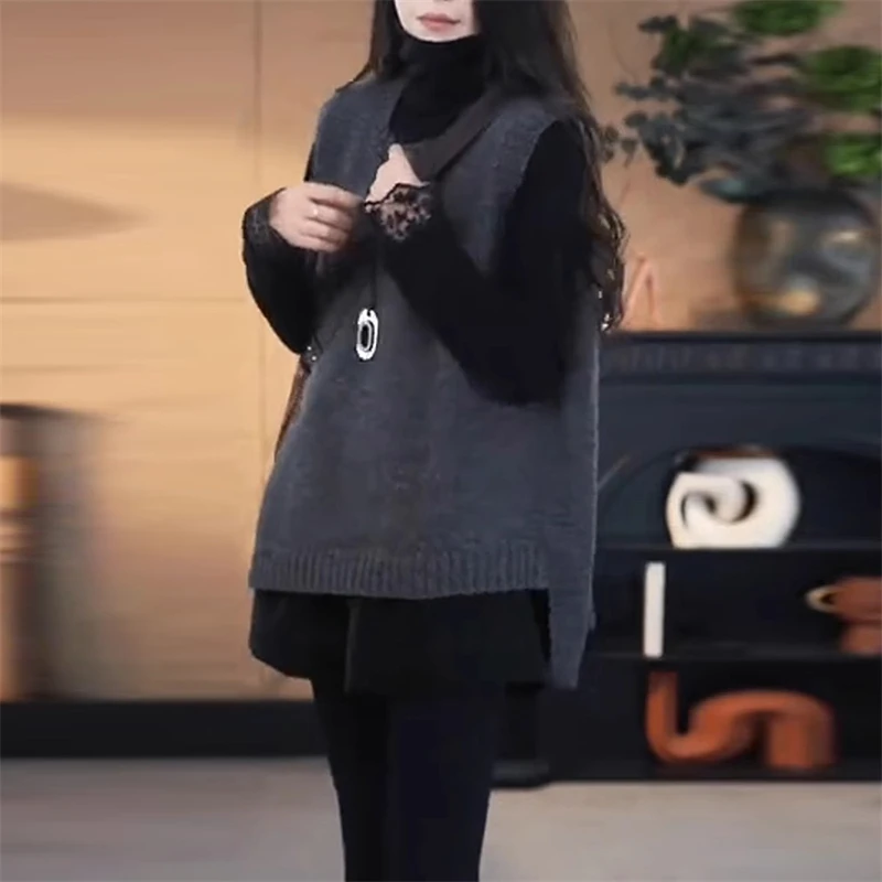 时尚百搭纯色高领T恤针织马甲女2025春季新款宽松显瘦一整套上衣