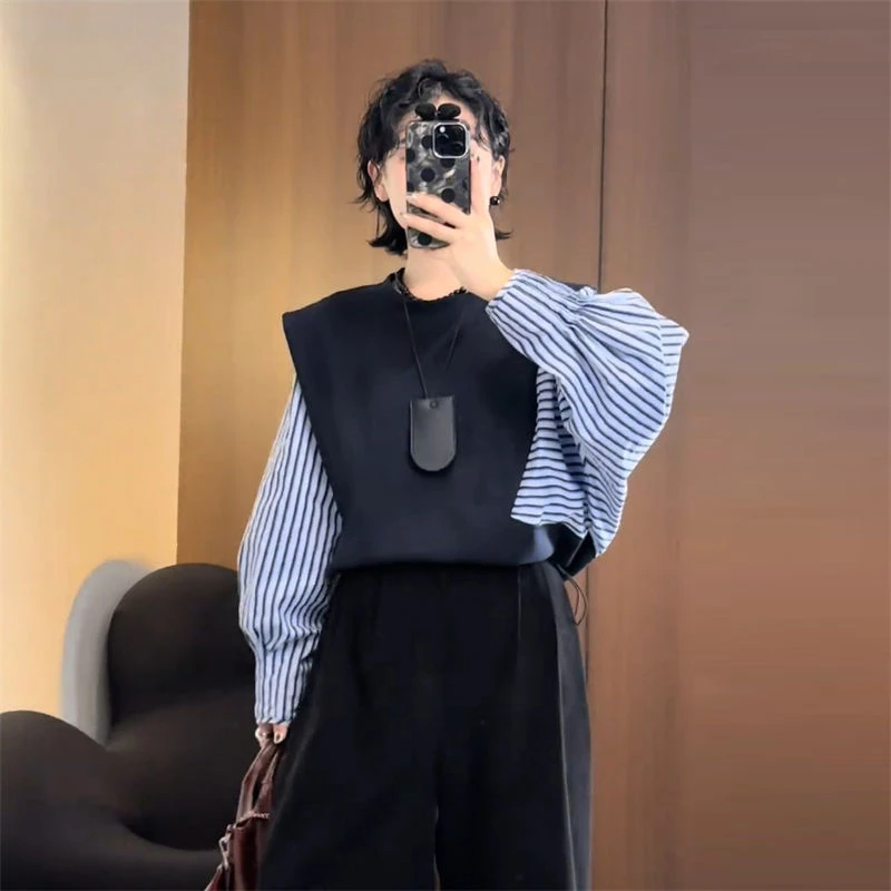 时尚气质条纹针织拼接衬衫女2025春季新款百搭撞色假两件小众上衣