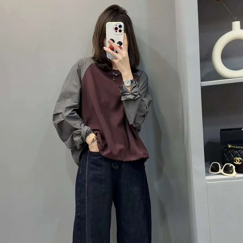今年流行春季卫衣2025今年流行爆款宽松圆领拼接撞色长袖时尚上衣